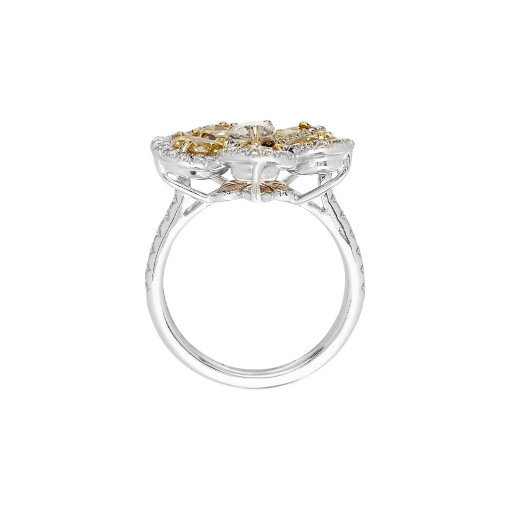 White Gold, Gold, Yellow Diamond and Diamond Flower Ring