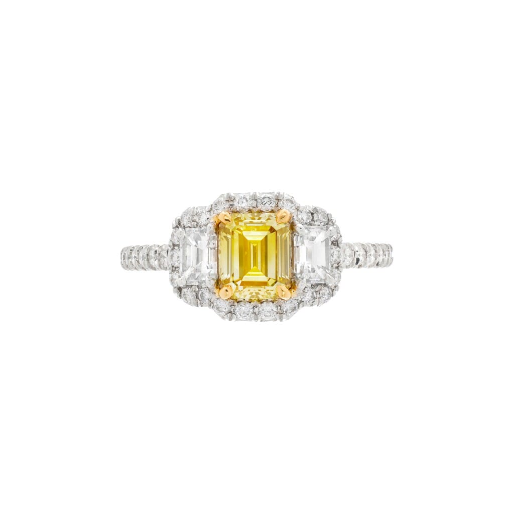 Platinum, 1.01ct Emerald Cut Fancy Intense Yellow Diamond and Diamond Ring