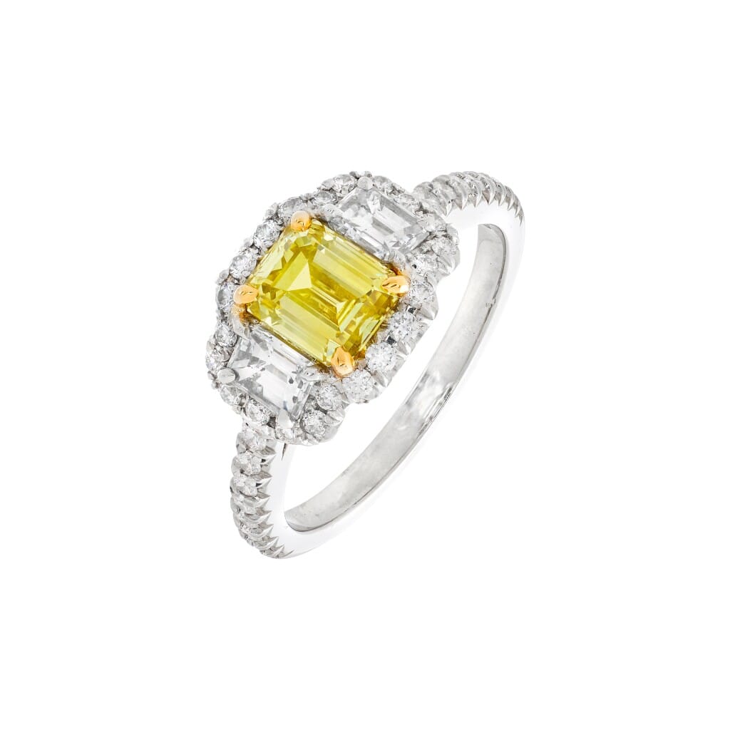 Platinum, 1.01ct Emerald Cut Fancy Intense Yellow Diamond and Diamond Ring