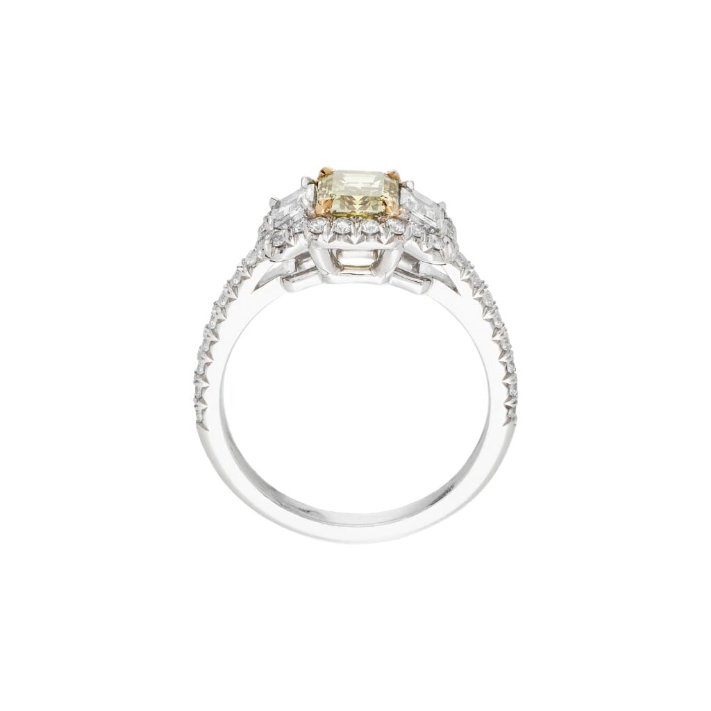 Platinum, 1.01ct Emerald Cut Fancy Intense Yellow Diamond and Diamond Ring