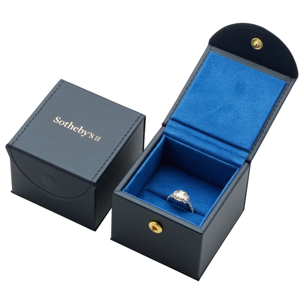 Platinum, 1.01ct Emerald Cut Fancy Intense Yellow Diamond and Diamond Ring
