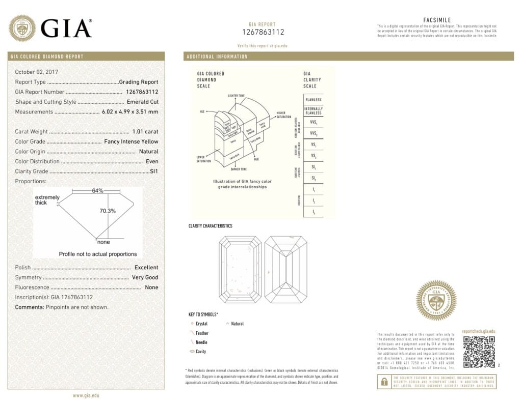 Platinum, 1.01ct Emerald Cut Fancy Intense Yellow Diamond and Diamond Ring
