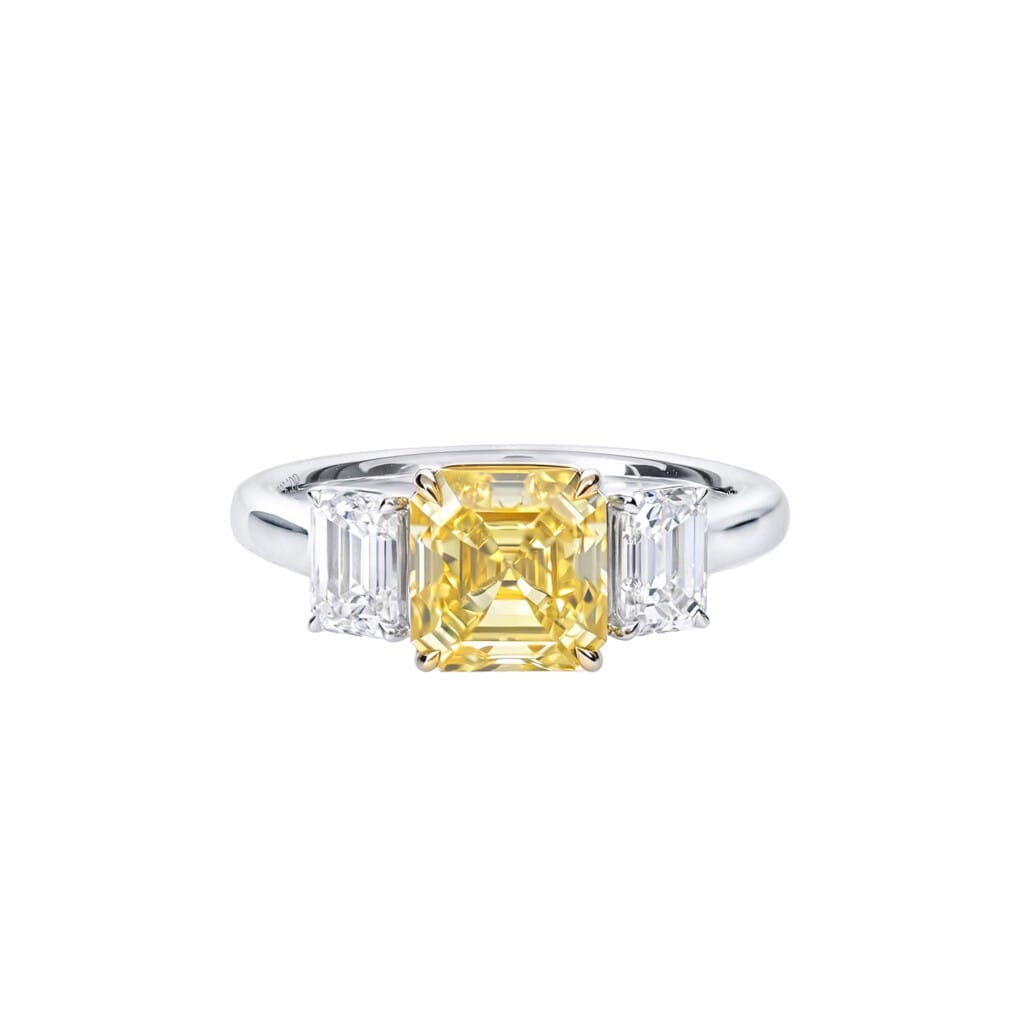 White Gold, 2.27ct Asscher Cut Fancy Yellow Diamond and Diamond Ring