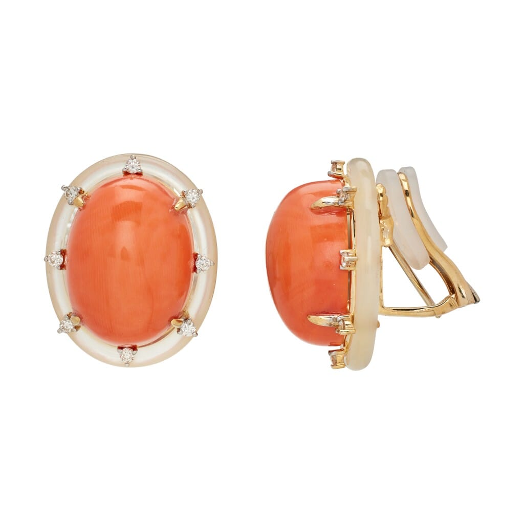 Gold, Coral, Mother of Pearl, and Diamond Earclips
