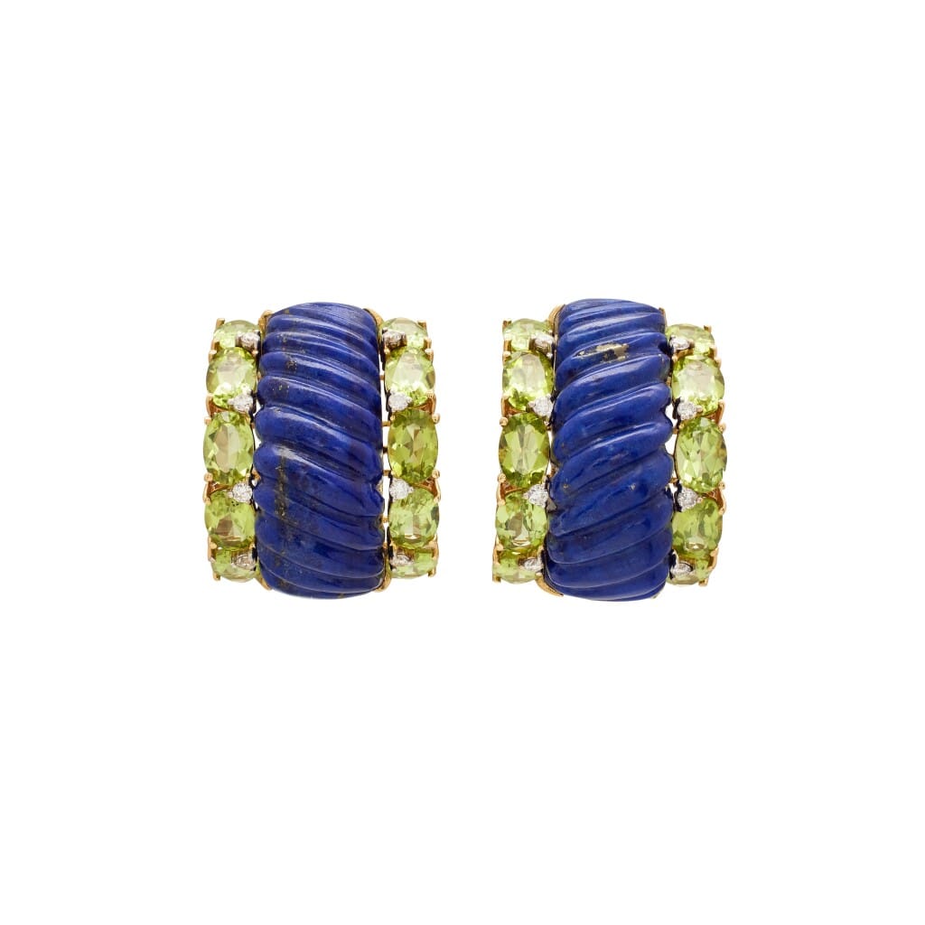 Gold, Lapis Lazuli, Peridot, and Diamond Earclips