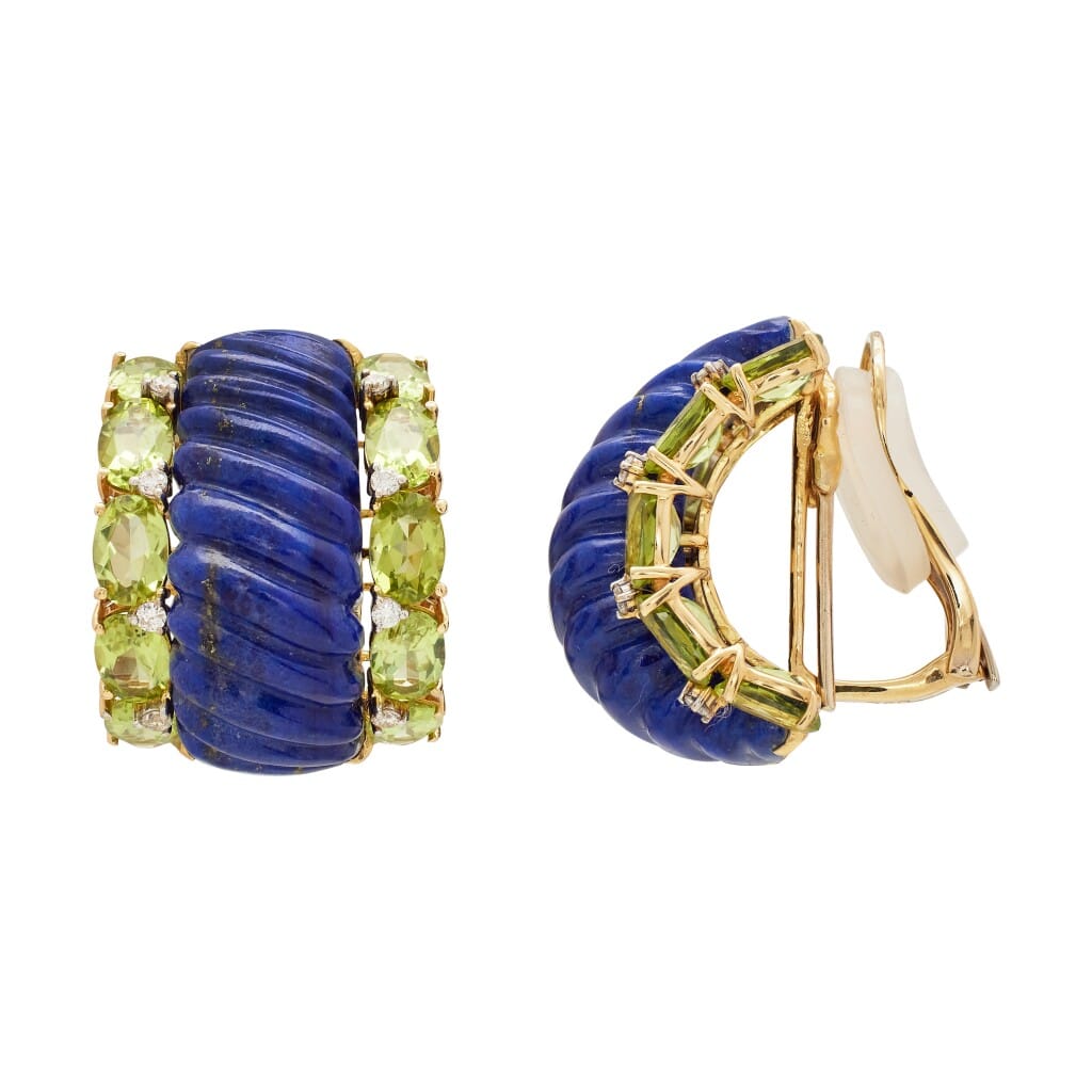 Gold, Lapis Lazuli, Peridot, and Diamond Earclips