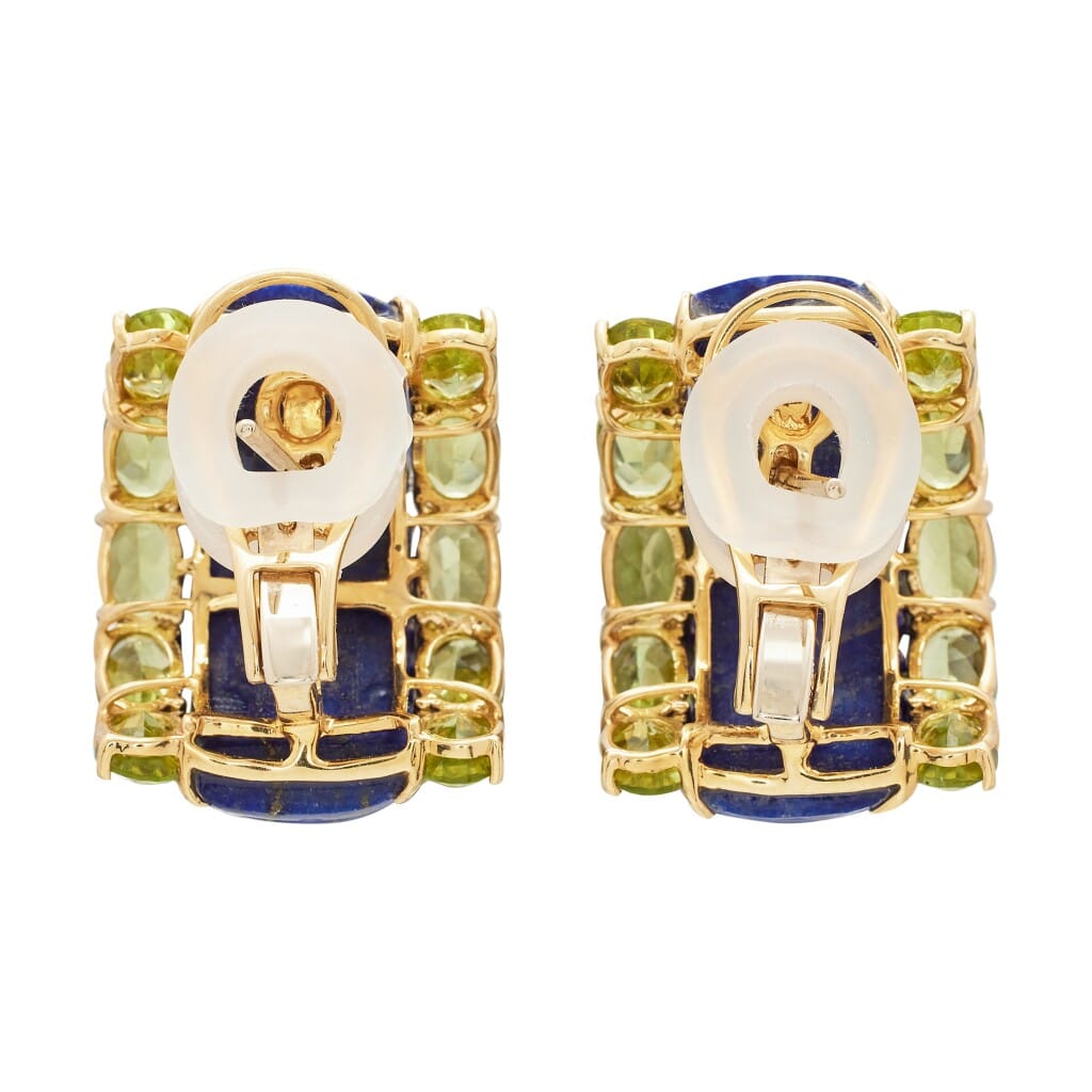Gold, Lapis Lazuli, Peridot, and Diamond Earclips