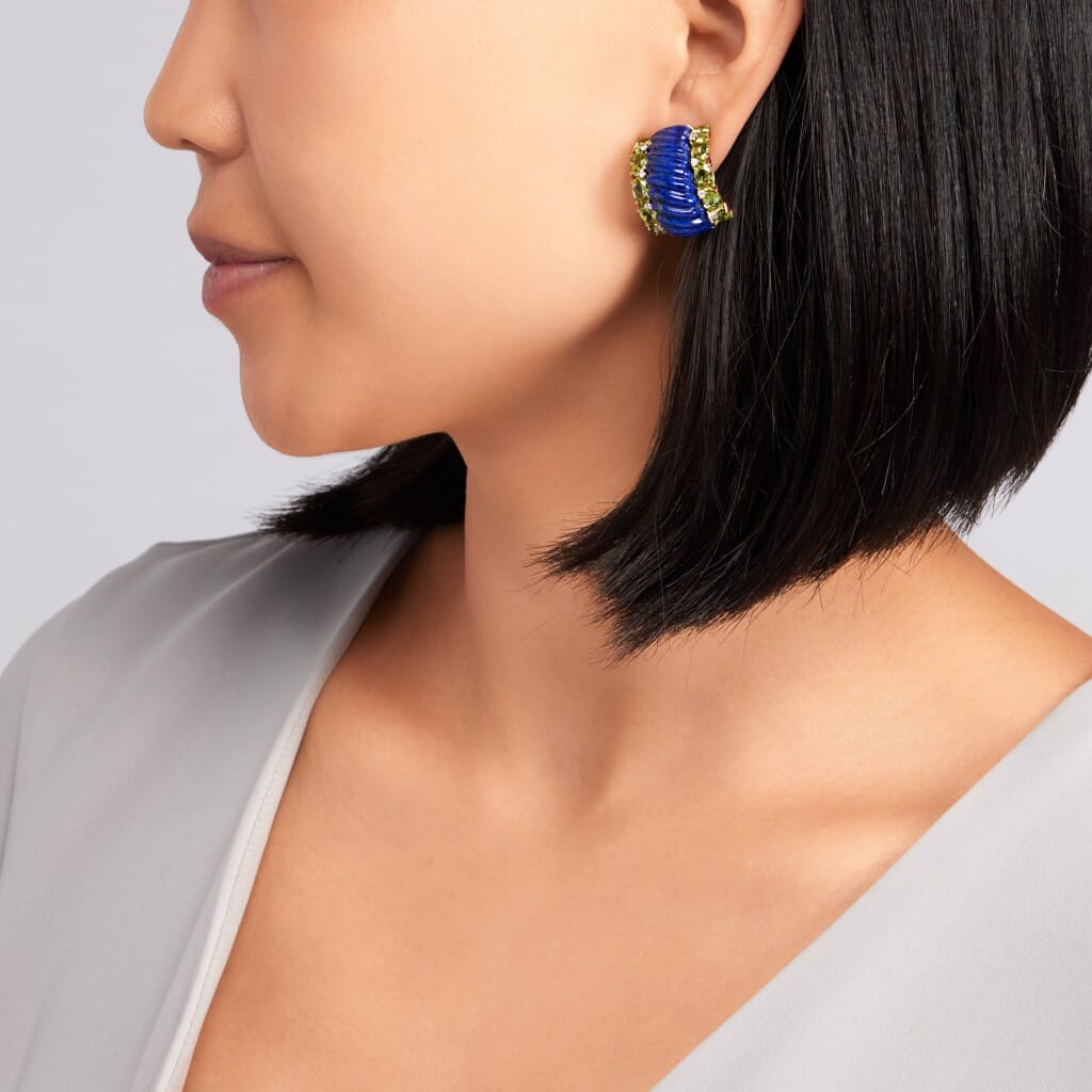 Gold, Lapis Lazuli, Peridot, and Diamond Earclips