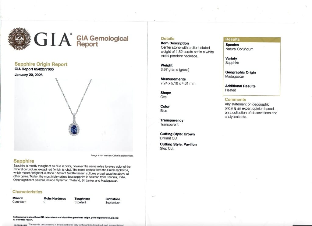White Gold, 1.52ct Madagascar Sapphire and Diamond Pendant Necklace