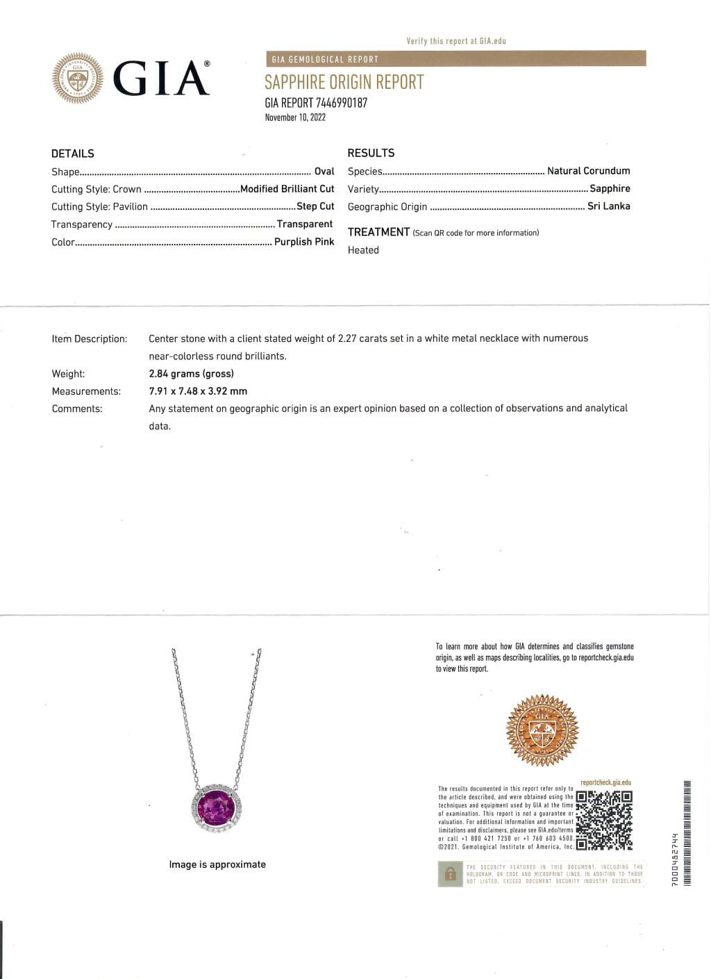 White Gold, 2.27ct Ceylon Pink Sapphire and Diamond Pendant Necklace