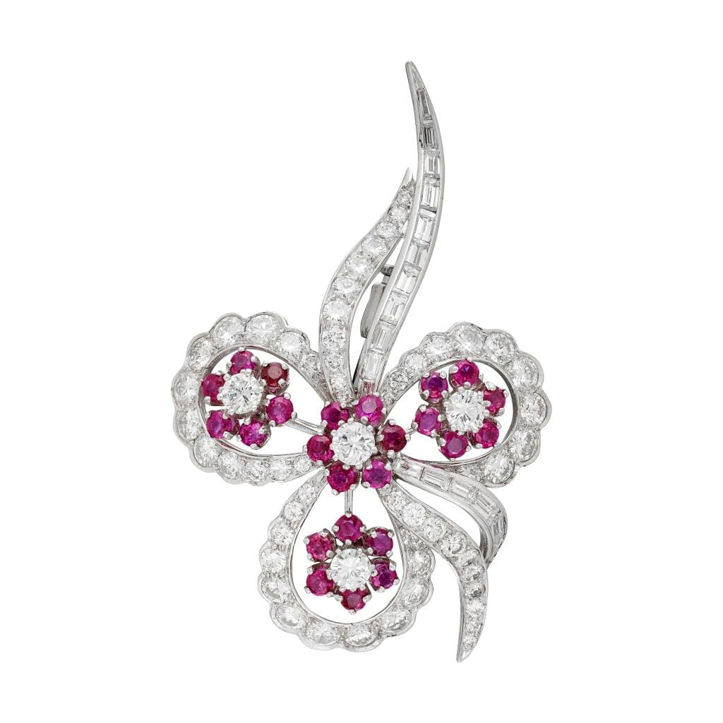 Vintage Platinum, Diamond and Ruby Floral Brooch