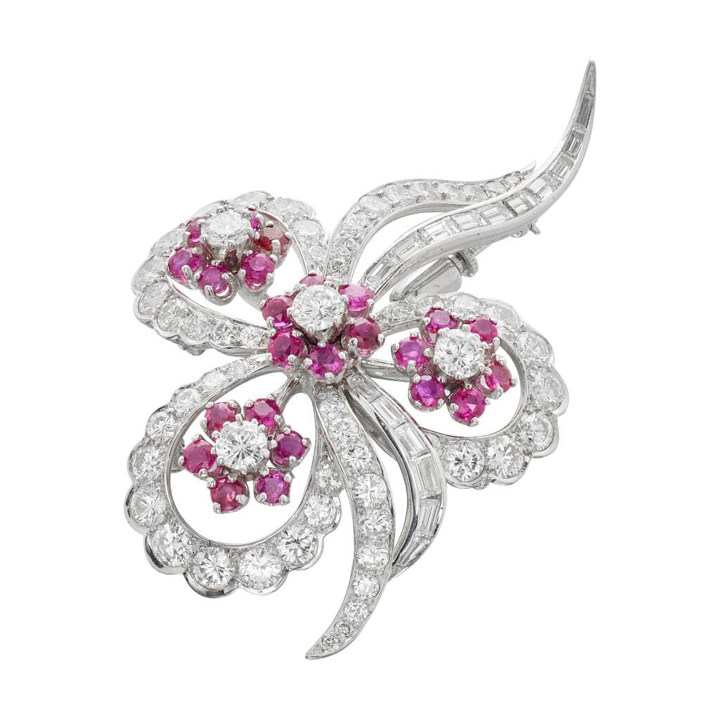 Vintage Platinum, Diamond and Ruby Floral Brooch