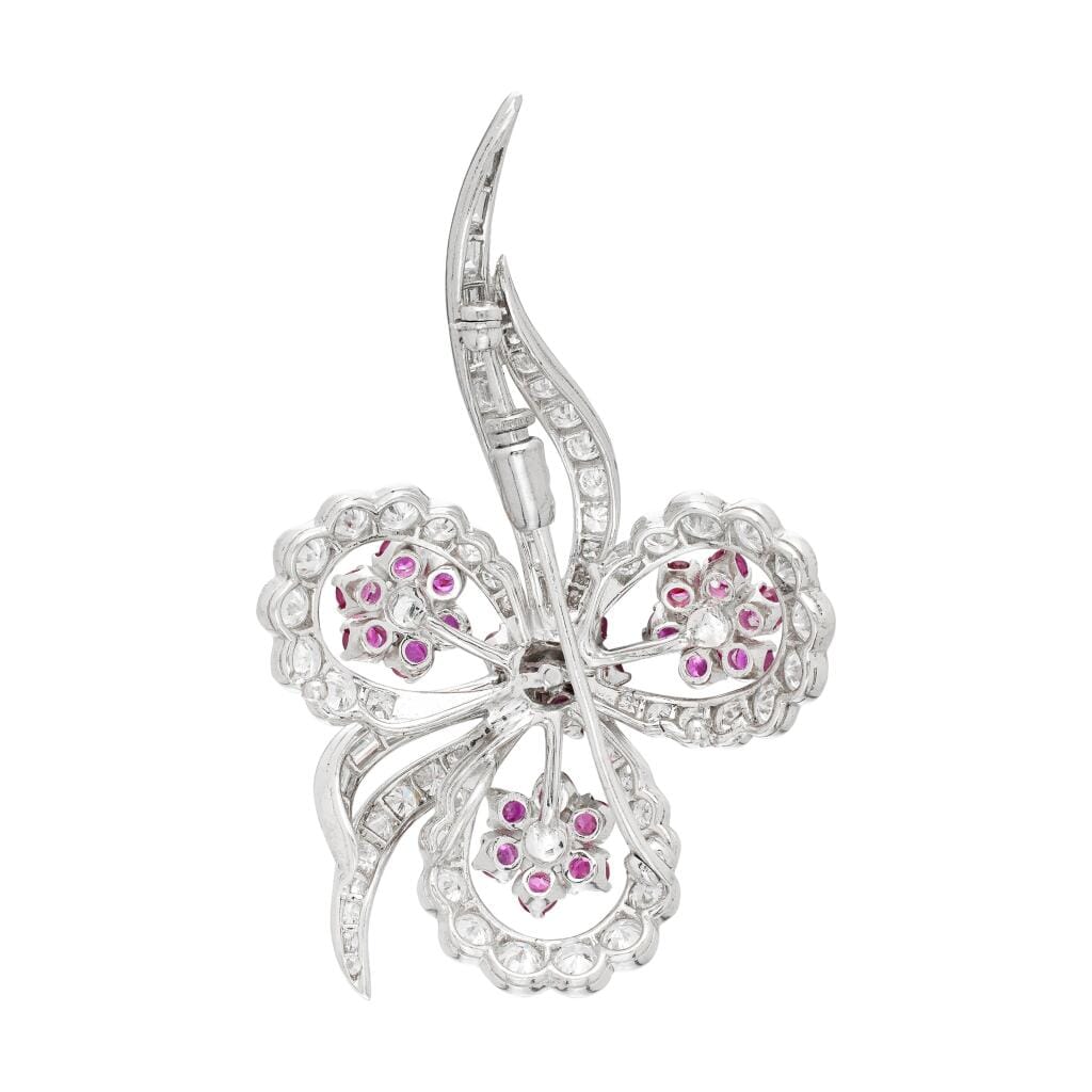 Vintage Platinum, Diamond and Ruby Floral Brooch