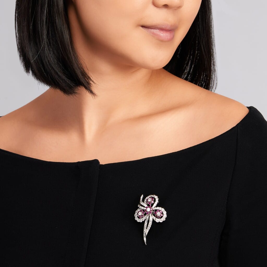 Vintage Platinum, Diamond and Ruby Floral Brooch