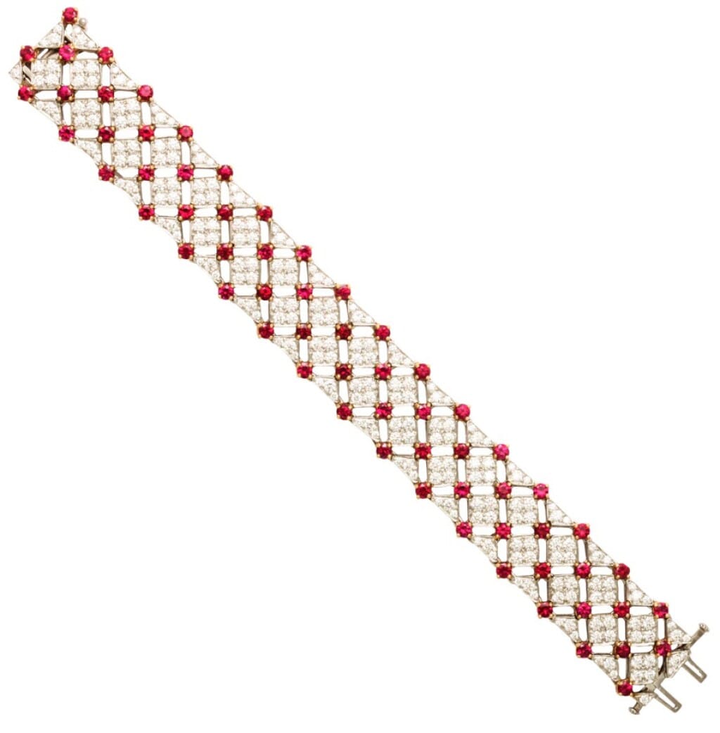 Vintage Platinum, Gold, Ruby and Diamond Trellis Bracelet