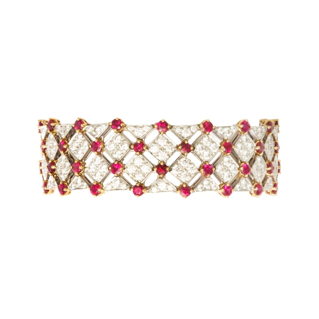 Vintage Platinum, Gold, Ruby and Diamond Trellis Bracelet