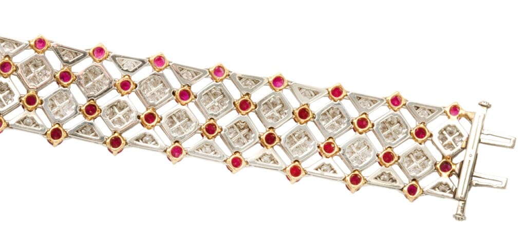 Vintage Platinum, Gold, Ruby and Diamond Trellis Bracelet