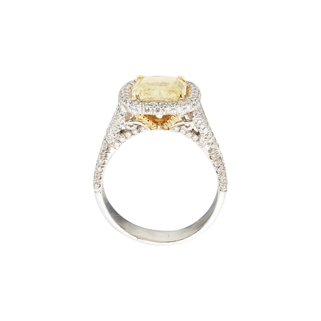 Platinum, Gold, 3.34ct Cushion Cut Fancy Light Yellow Diamond and Diamond Engagement Ring