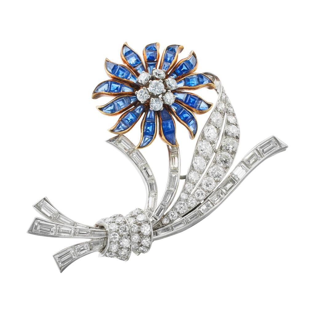Vintage Platinum, Gold, Sapphire and Diamond Flower Brooch