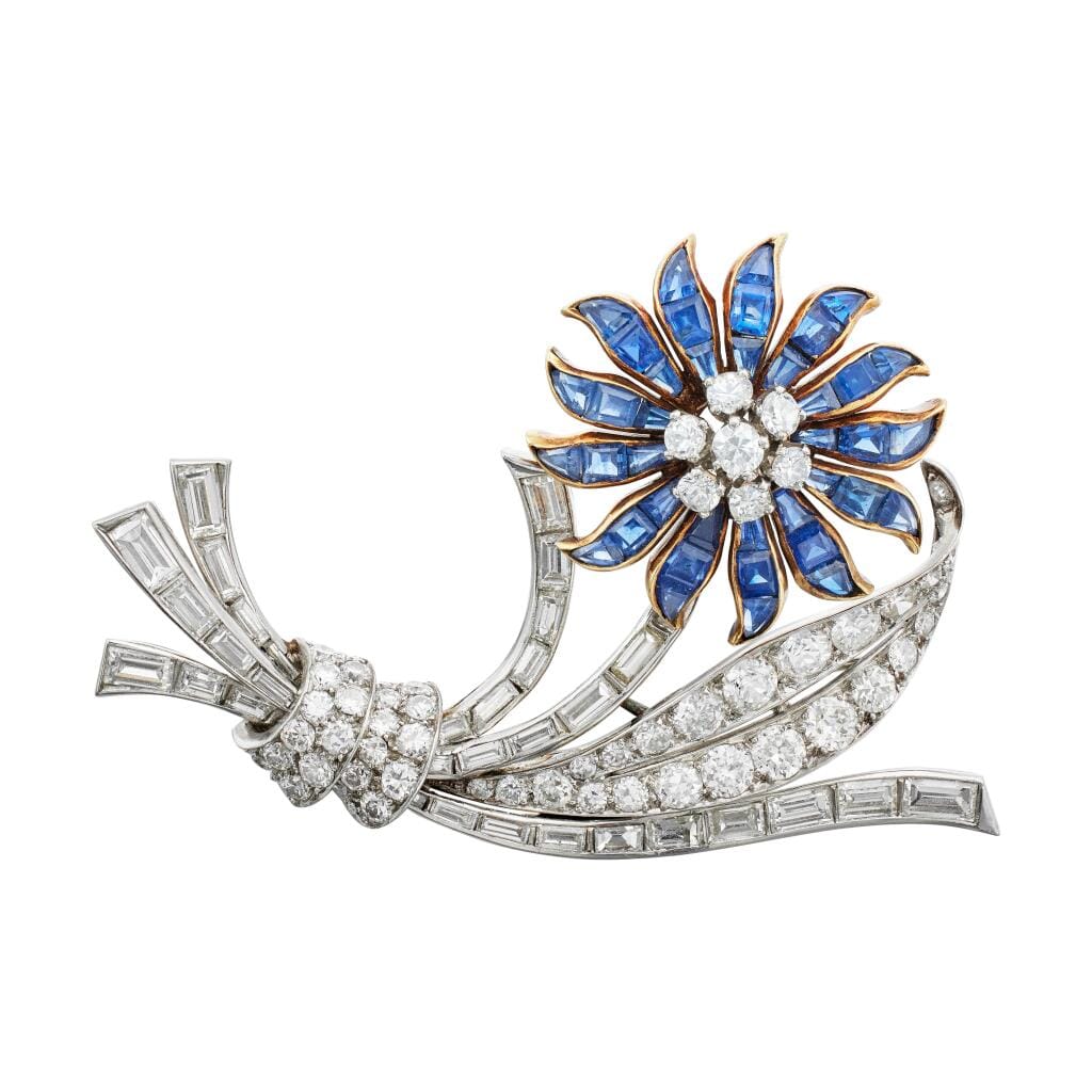 Vintage Platinum, Gold, Sapphire and Diamond Flower Brooch