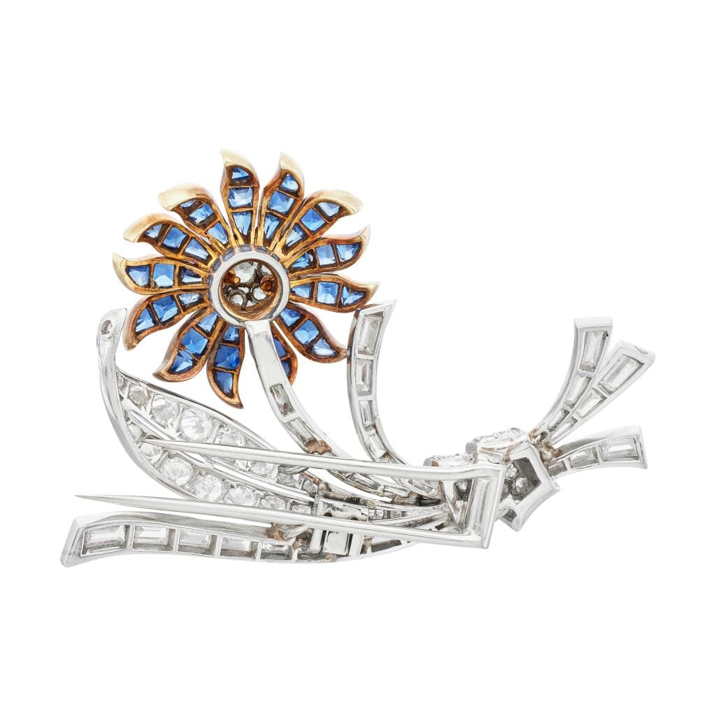 Vintage Platinum, Gold, Sapphire and Diamond Flower Brooch
