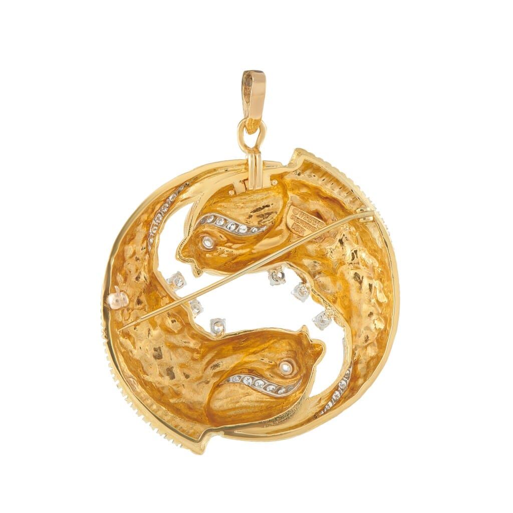Vintage Gold, Platinum and Diamond Pisces Zodiac Convertible Pendant Brooch
