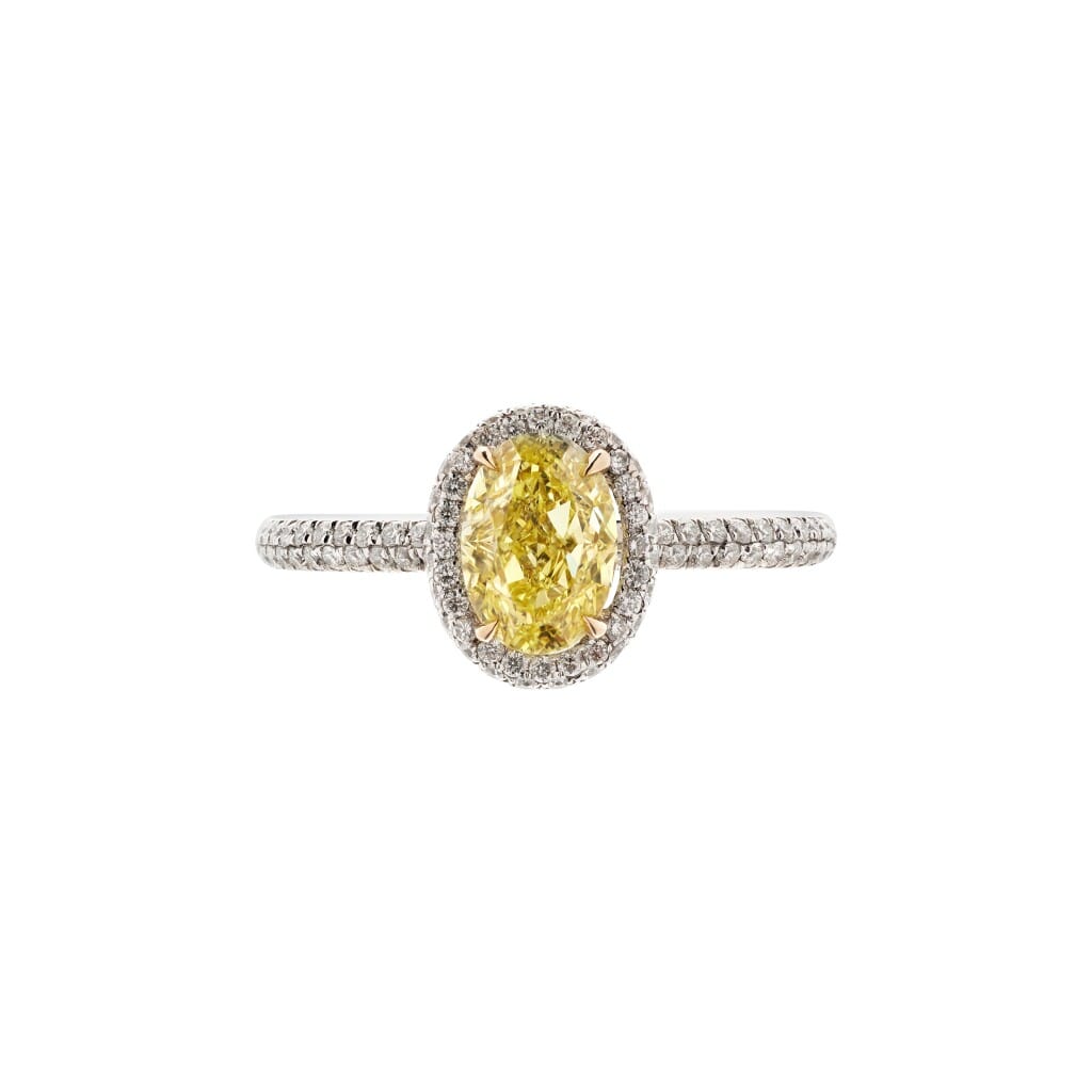 White Gold, 1.09ct Oval Shape Fancy Intense Yellow Diamond and Diamond Engagement Ring