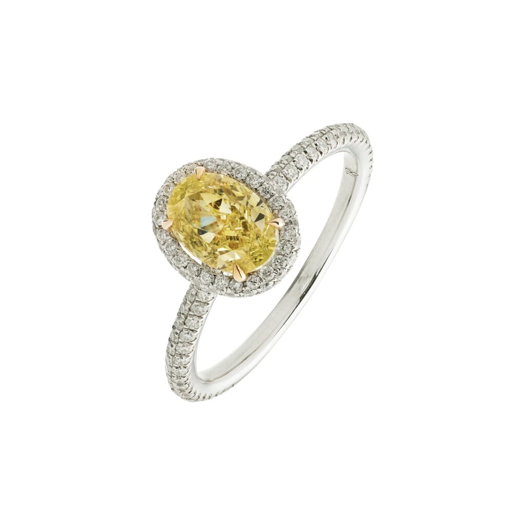 White Gold, 1.09ct Oval Shape Fancy Intense Yellow Diamond and Diamond Engagement Ring
