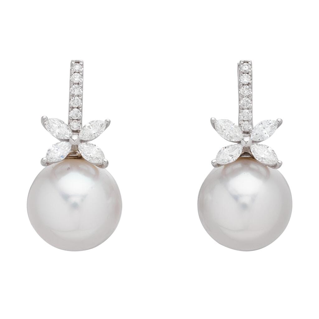 White Gold, Cultured Pearl and Diamond Drop Earrings