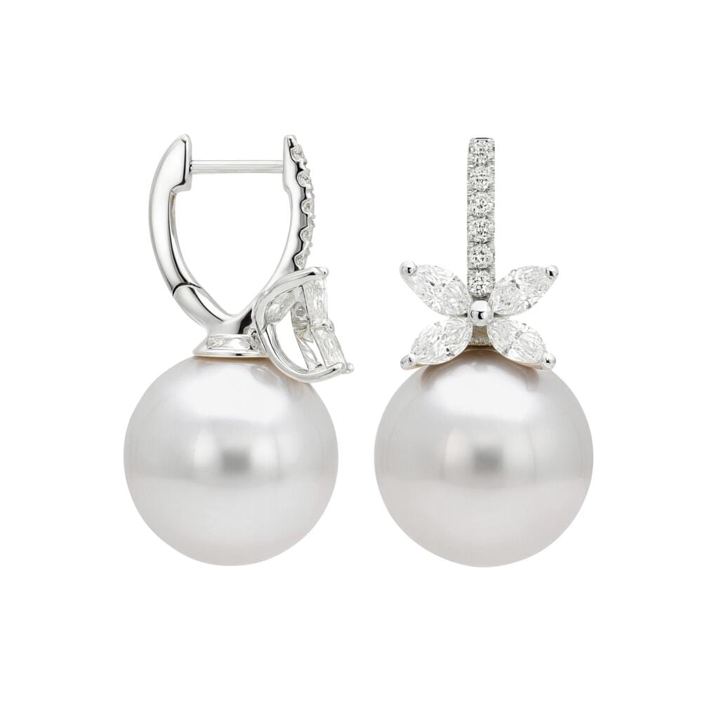 White Gold, Cultured Pearl and Diamond Drop Earrings