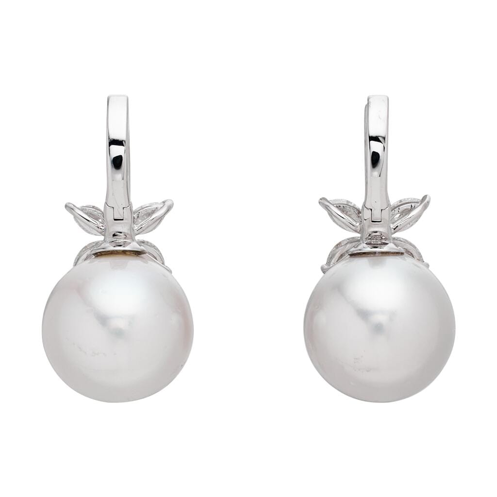 White Gold, Cultured Pearl and Diamond Drop Earrings