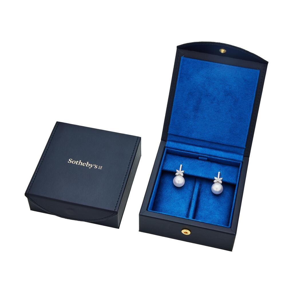 White Gold, Cultured Pearl and Diamond Drop Earrings