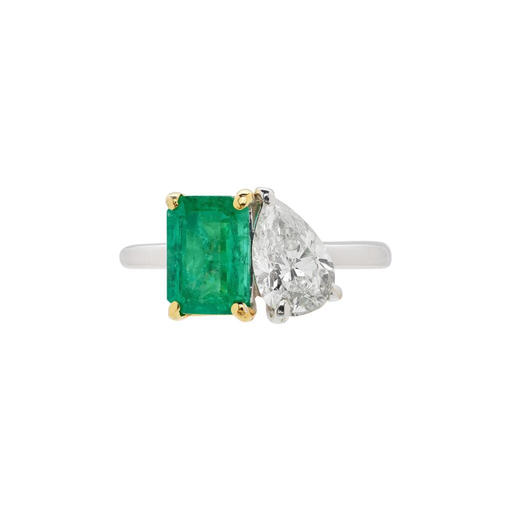 Gold, White Gold, Emerald and Diamond Toi et Moi Ring