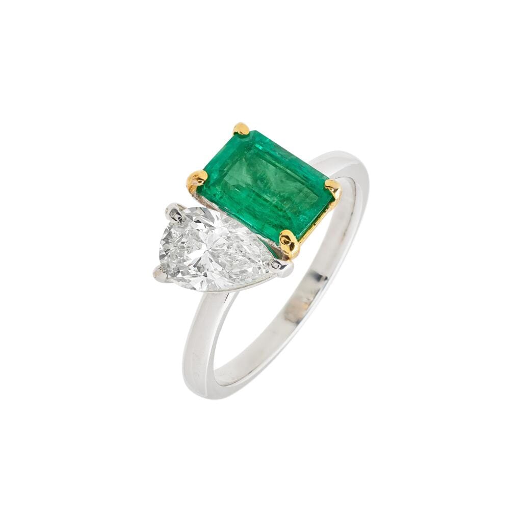 Gold, White Gold, Emerald and Diamond Toi et Moi Ring