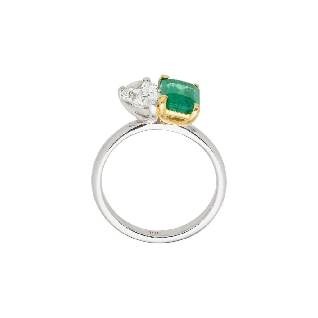 Gold, White Gold, Emerald and Diamond Toi et Moi Ring