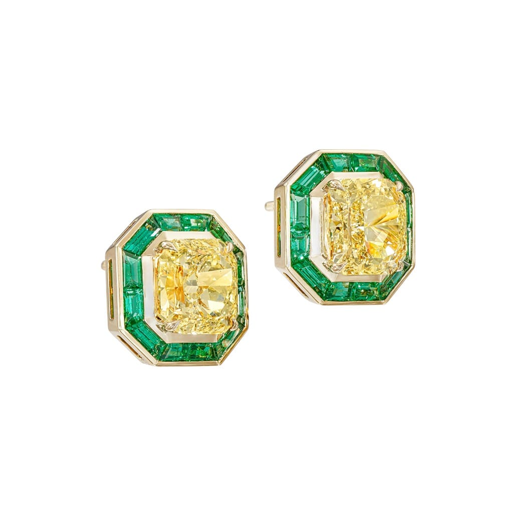 Gold, 6.02ctw Radiant Cut Fancy Light Yellow Diamond and Emerald Stud Earrings