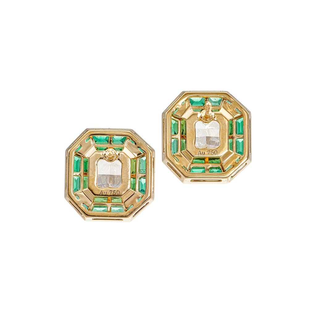 Gold, 6.02ctw Radiant Cut Fancy Light Yellow Diamond and Emerald Stud Earrings