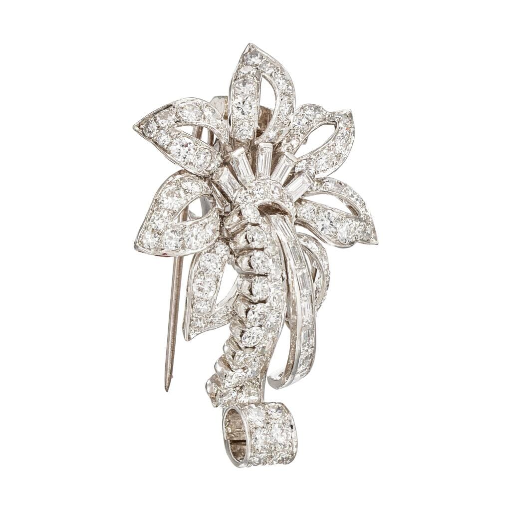Vintage Platinum, White Gold and Diamond Floral Brooch