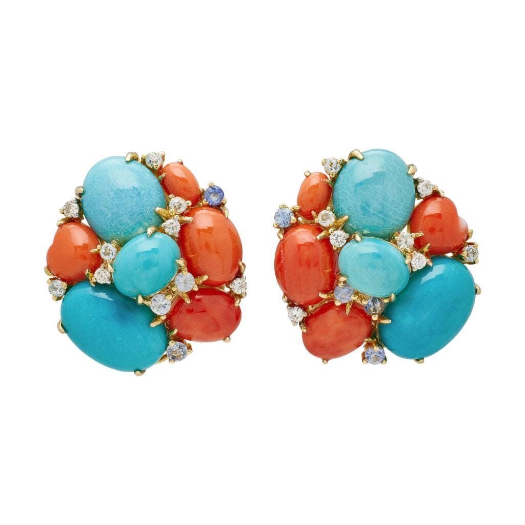 Gold, Turquoise, Coral, Sapphire, Topaz, and Diamond Earclips