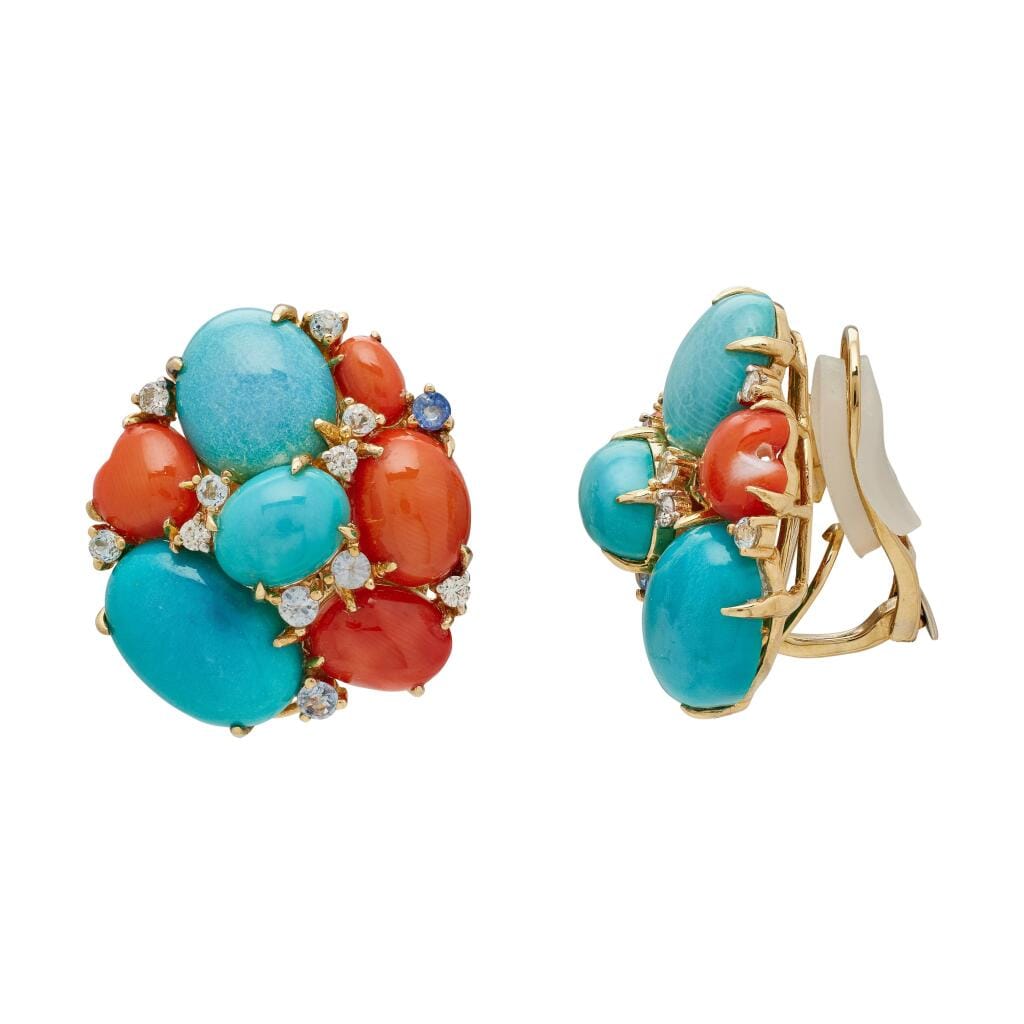 Gold, Turquoise, Coral, Sapphire, Topaz, and Diamond Earclips