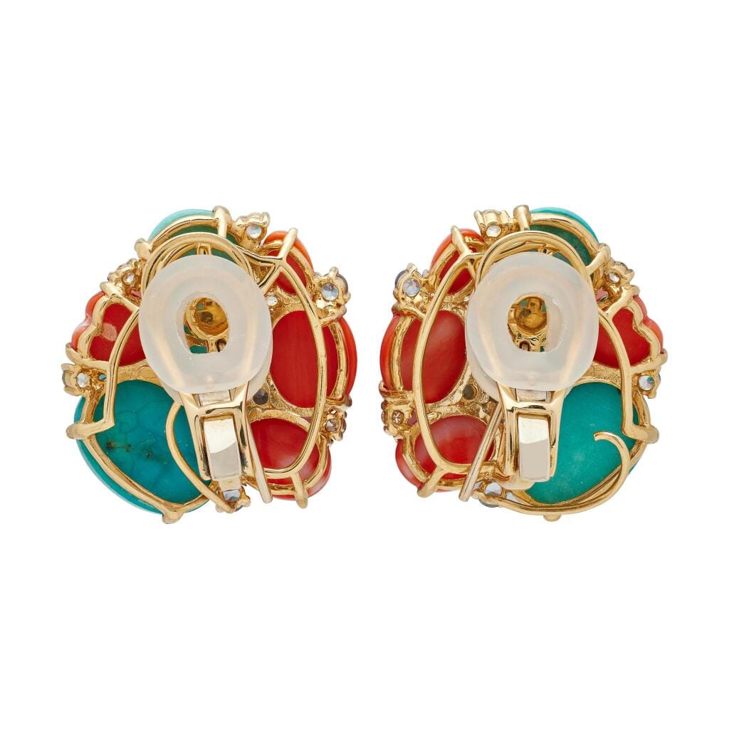 Gold, Turquoise, Coral, Sapphire, Topaz, and Diamond Earclips