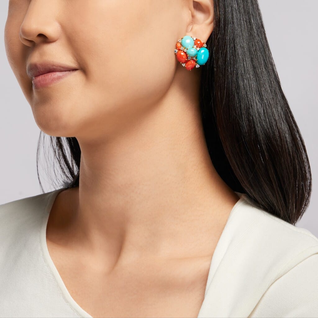 Gold, Turquoise, Coral, Sapphire, Topaz, and Diamond Earclips
