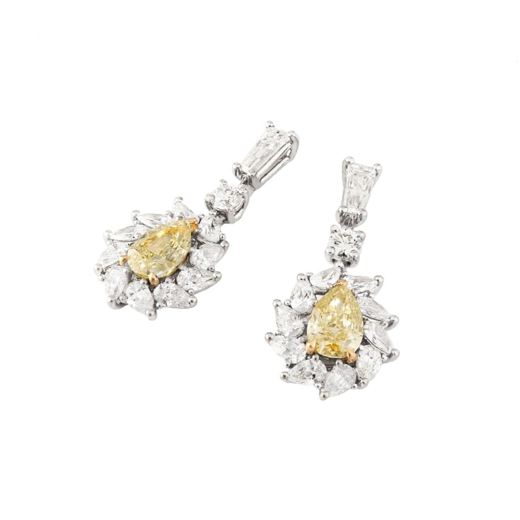 White Gold, Gold, 1.43ctw Pear Shaped Fancy Yellow Diamond and Diamond Drop Earrings