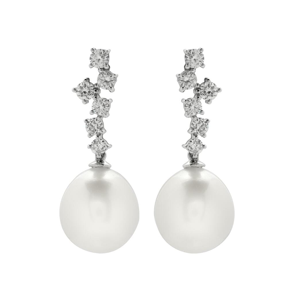 White Gold, Cultured Pearl and Diamond Drop Earrings