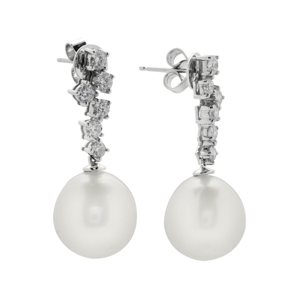 White Gold, Cultured Pearl and Diamond Drop Earrings