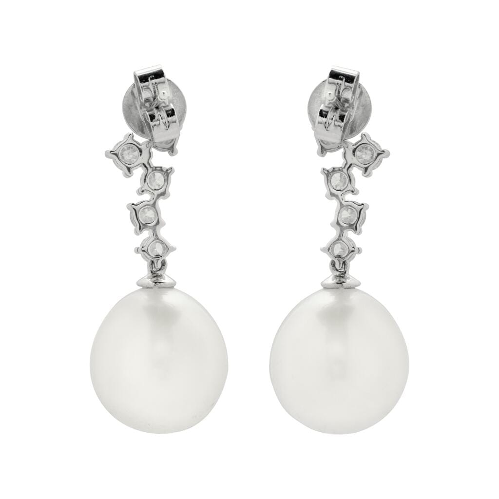 White Gold, Cultured Pearl and Diamond Drop Earrings
