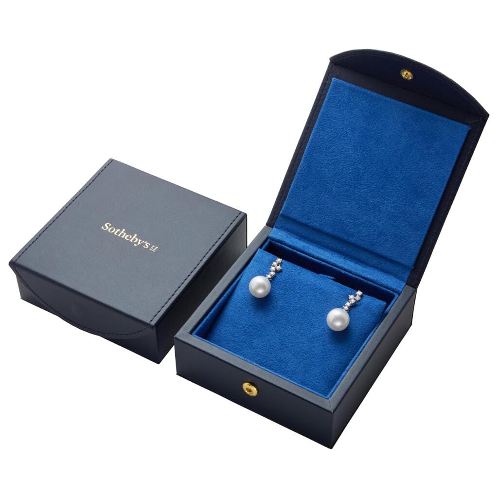 White Gold, Cultured Pearl and Diamond Drop Earrings