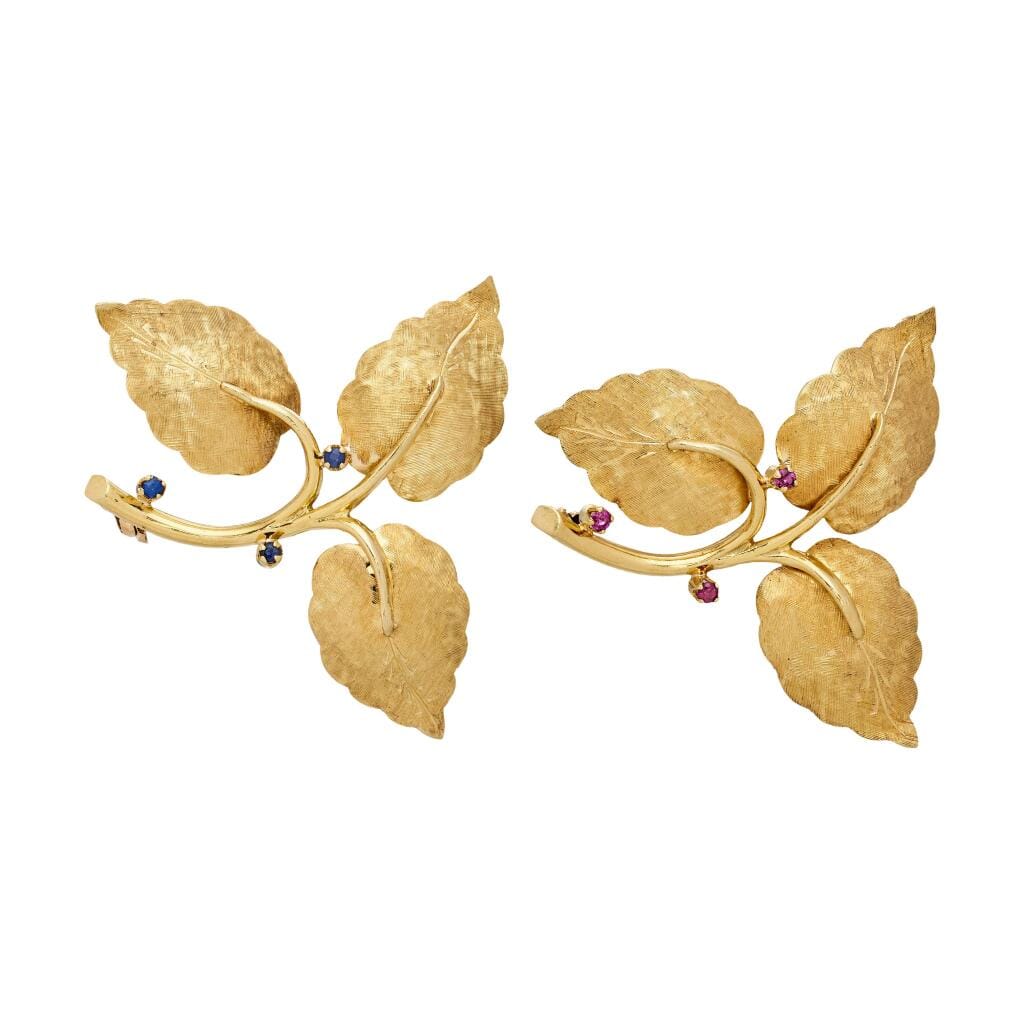 Vintage Gold, Ruby and Sapphire 3 Leaf Brooch Set