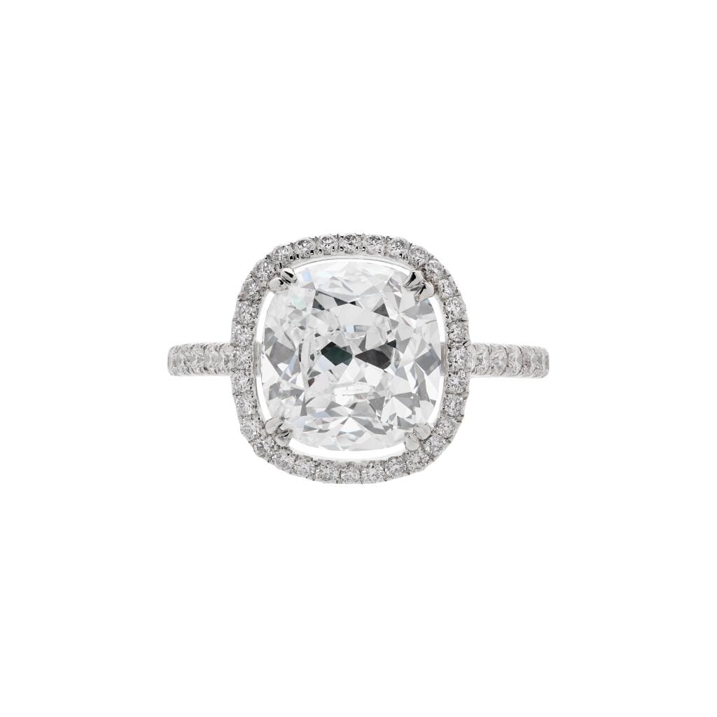 Platinum, 3.35ct Cushion Cut Diamond and Diamond Engagement Ring