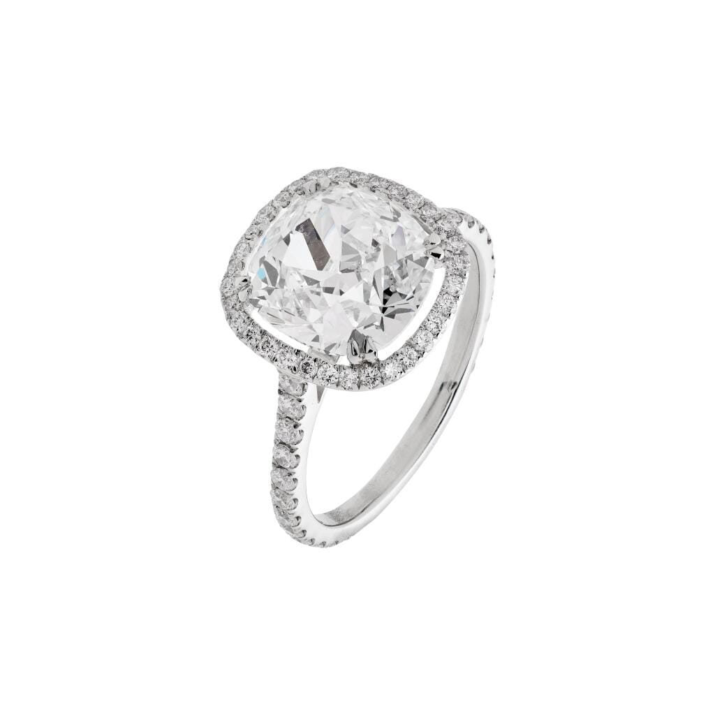 Platinum, 3.35ct Cushion Cut Diamond and Diamond Engagement Ring